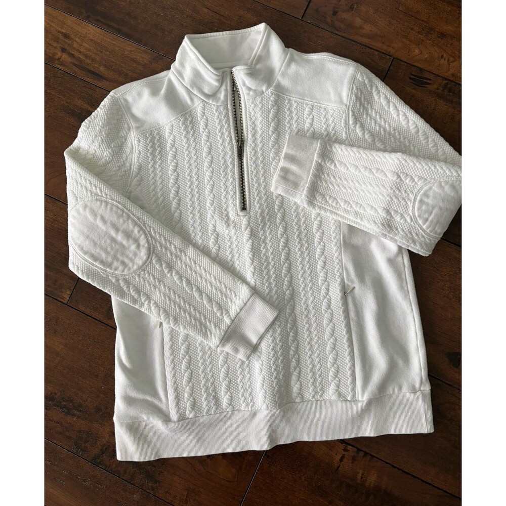 Women’s Orvis White Cable Knit 1/2 zip Sweater with Elbow Patches Size S
